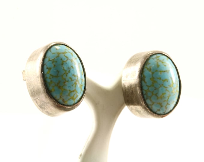 Vintage Oval Blue Turquoise Stud Earrings 925 Sterling Silver ER 1243