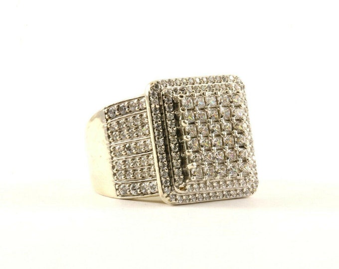 Vintage Size 11.25  Large Sparkling Crystals Cz Signet Ring Sterling 925 Silver Rg 1201