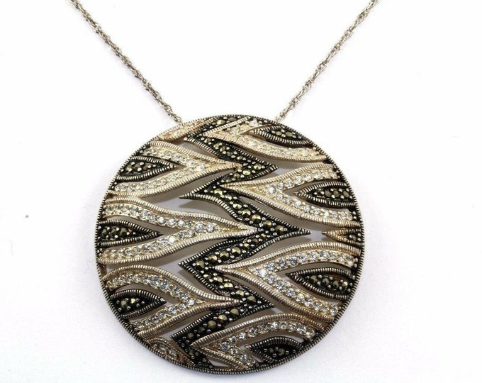 Vintage Flame Cz & Marcasite Inlay Round Pendant Necklace 925 Sterling Nc 398