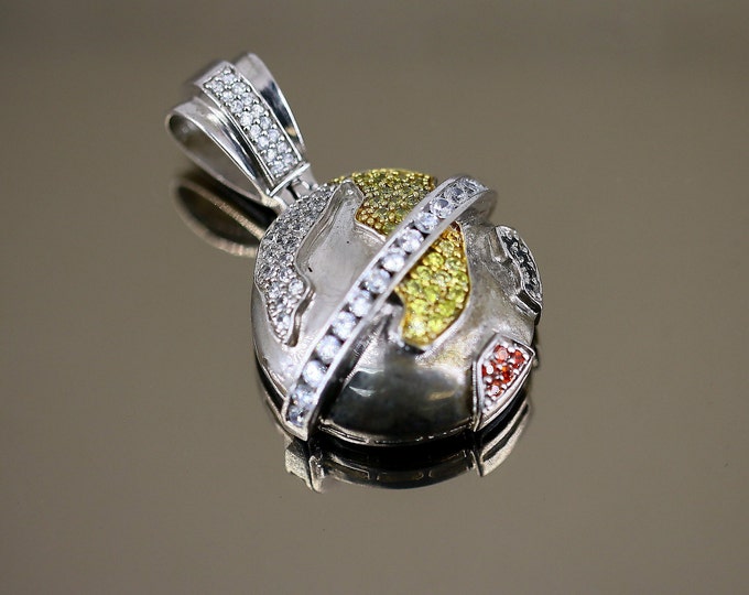 Vintage Beautiful Round Globe Red Black Yellow White Shiny Crystals CZ Design Pendant 925 Sterling Silver PD 2227
