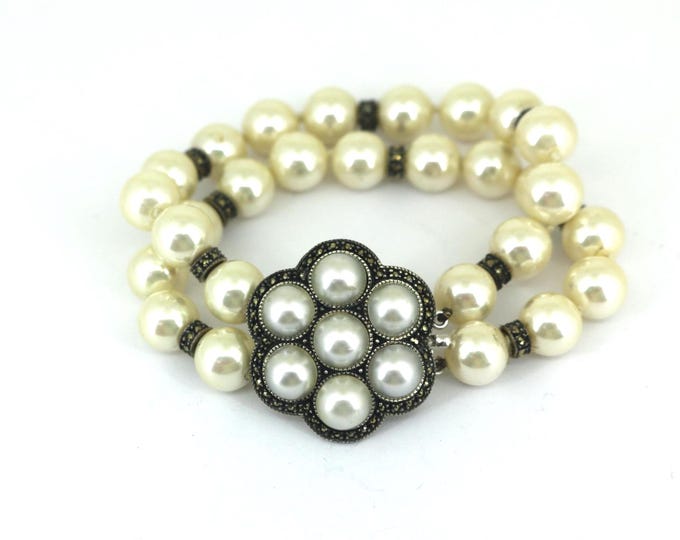 Vintage Judith Jack Double Strand Marcasite & Pearl Imitations  Bracelet  925 Sterling BR 207