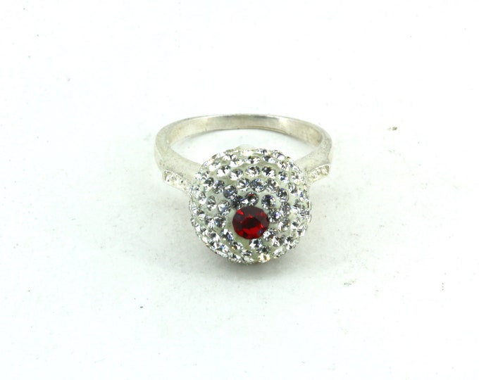 Vintage Size 7.5 White & Red CZ Ball Ring 925 Sterling Silver Ring RG 244