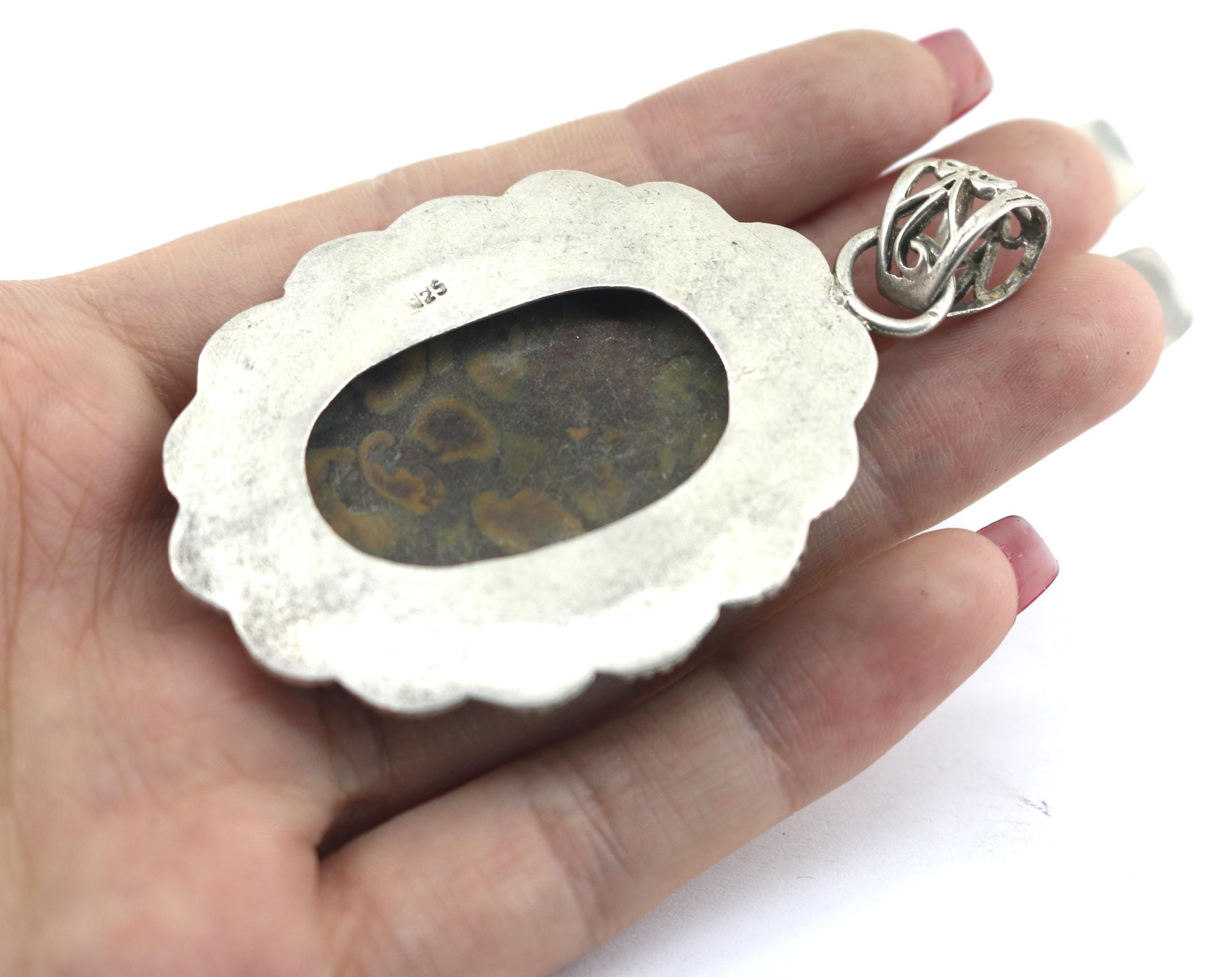 Vintage Handmade Coffee Bean Jasper Oval Pendant Silver 925