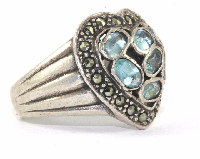 Vintage Sz 8.75 Heart Marcasite Topaz Color Cz Cocktail Ring 925 Sterling Silver Rg 2092