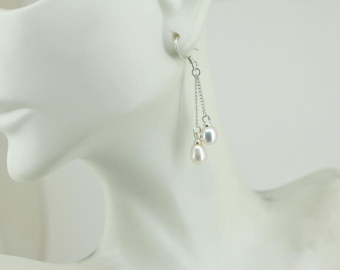 Vintage Faux Pearl Beaded Design Dangle Earrings 925 Sterling Silver Er 1043