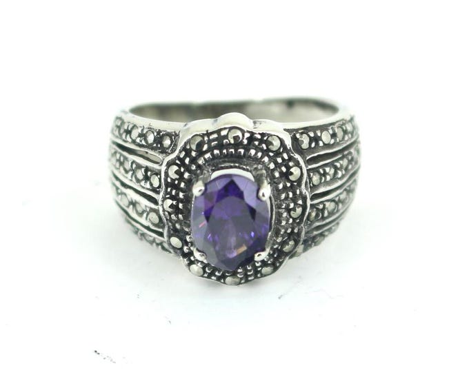 Vintage Size 6 Purple Amethyst Sparkling Marcasite Stones Design Statement Ring 925 Sterling  RG 4573