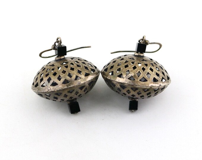 Vintage Sterling Silver Dangle Earrings Whirlabout Black Squares Design ER 1394C