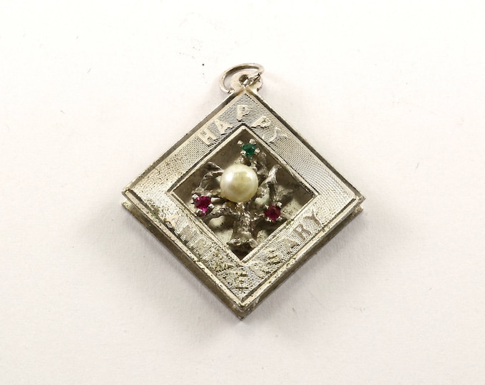 Vintage "Happy Anniversary" Rhombus Tree With Pearl & Green, Pink Crystals Pendant 925 Sterling PD 1184