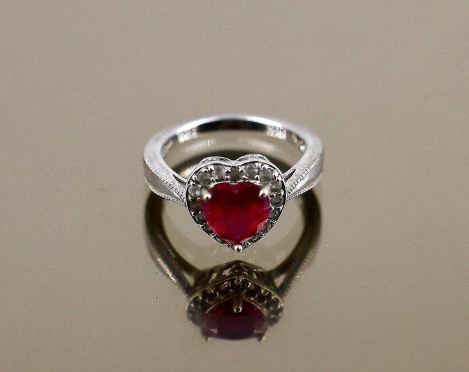 Vintage Size 7  Heart Shape Shiny Dark Pink Crystal CZ Design Ring 925 Sterling Silver Rg 1313