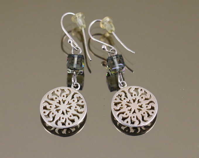 Vintage Beautiful Round Sun Ornament Smoky Quarts Squares Geometric Thailand Design Drop Dangle Earrings Sterling Silver 925 ER 313B