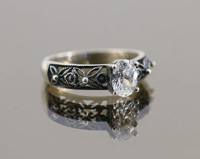 Vintage Size 10.25 Oval Sparkling Crystal Cz Marquise Flower Design Ring 925 Sterling Rg 1034