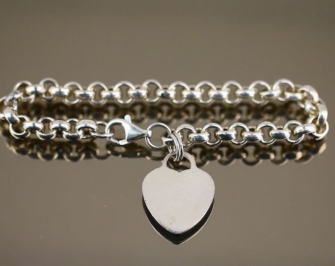 Vintage Heart Tag Chain Charm Bracelet Sterling Silver Br 332(123759780618)
