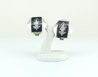 Vintage Siam Goddess Niello Hexagon Clip On Earrings 925 Sterling Silver ER 1407
