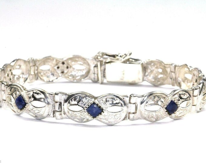 Vintage Rhombus Sodalite Ornate Cutout Links Tennis Bracelet 925 Sterling Br 596(123759780681)