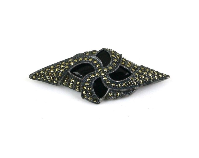 Vintage Judith Jack Shiny Scroll Black Onyx Marcasite Stones Design Brooch Sterling Silver 925 BB 2210A