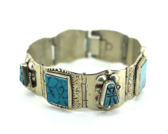 Vintage 6.75 Blue Turquoise Southwest Bracelet 925 Sterling Silver BR 078
