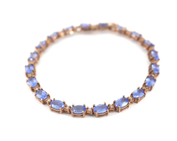 Vintage Blue Oval Crystals Gold Plated Tennis Link Bracelet 925 Sterling BR 3156