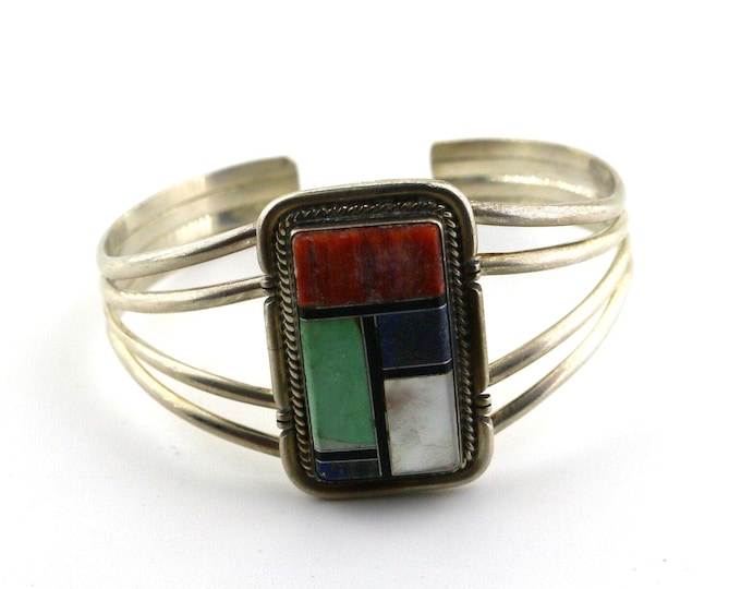 Vintage Navajo Running Bear Shop Colorful Multi Stone Mosaic Turquoise Coral Lapis Lazuli MOP Southwestern Cuff Bracelet 925 Silver BR 3519S