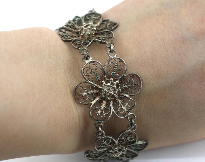 Vintage Middle Eastern Filigree Flower Floral Link Bracelet 800 Sterling BR 1456