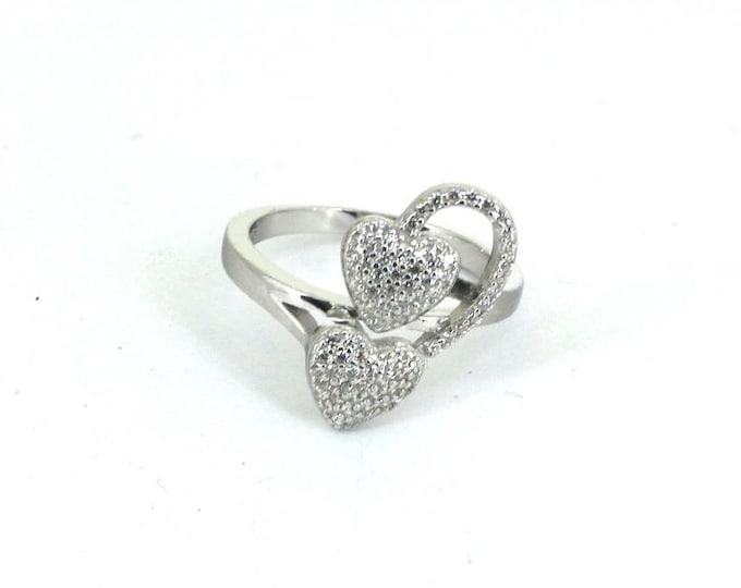 Vintage Double Heart Shape Inlaid Micro Pave CZ Ring 925 Sterling Silver RG 4664