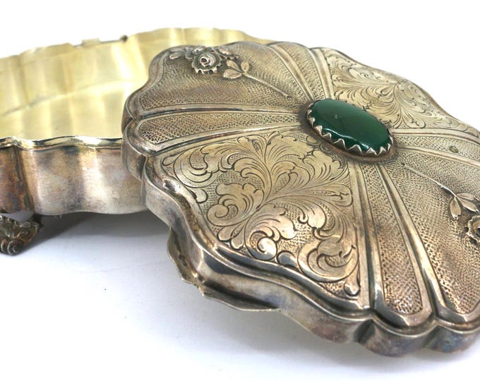 Vintage Italy 1970 Decorated With Chalcedony Green Emerald Jewelry Box Silver 800 OT 196B