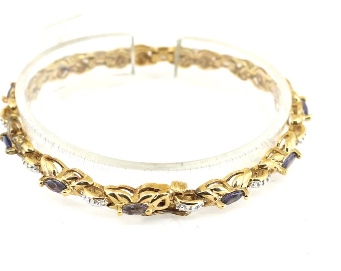 Vintage XO Sparkling Purple Crystals CZ Two Tone Gold Plated Tennis Link Design Bracelet 925 Sterling BR 183