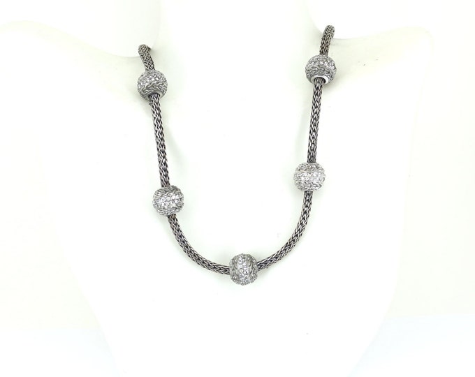 Vintage Bali Classic Weave Chain CZ Ball Station Necklace 925 Sterling NC 2161