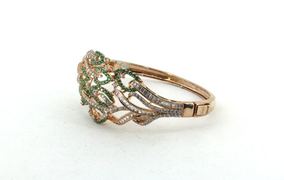 Vintage Oval Green White Crystals CZ Gold Plated … - image 2