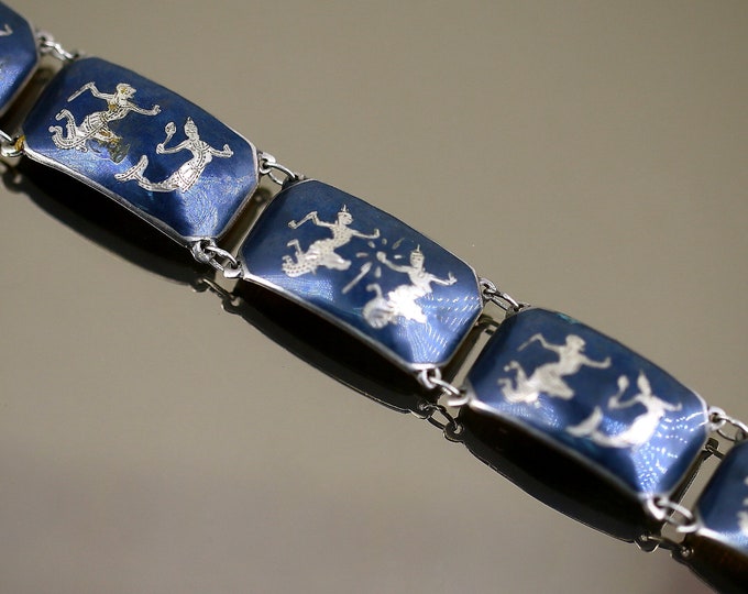 Vintage Rectangle Bars Siam Niello Twins Design Tennis Chain Bracelet 925 Sterling Silver BR 790