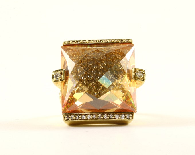 Vintage Size 6 Sparkling Large Peach Color Rectangular Gold Tone Cocktail Ring 925 Sterling Silver RG 2583
