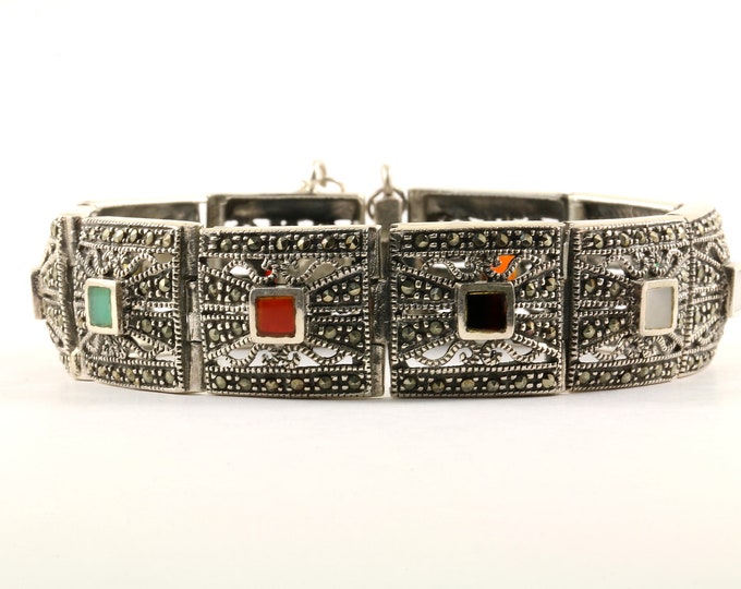 Vintage  Multi Color Marcasite Design Square Links Bracelet Sterling BR 2560