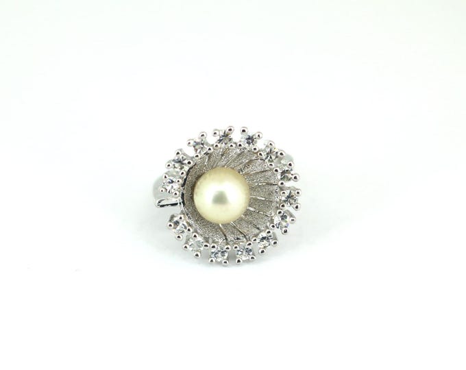 Vintage Round Faux Pearl White Flower Design Ring 925 Sterling Silver Rg 4126