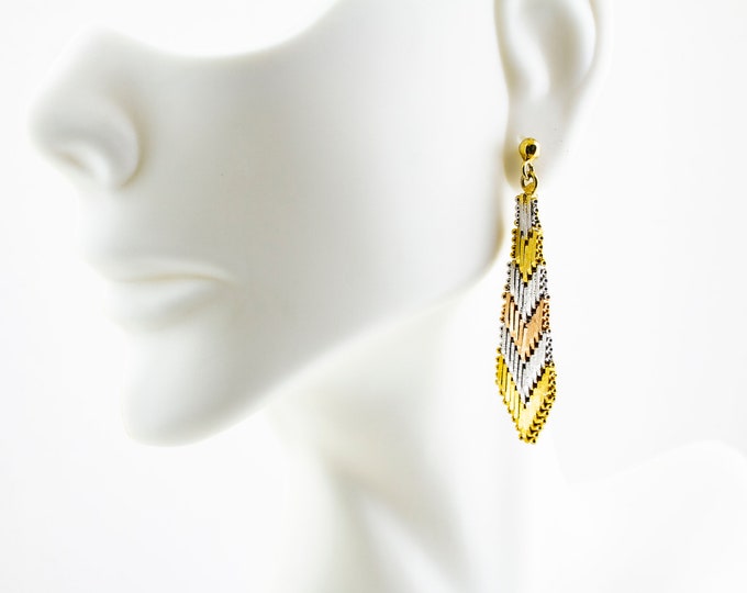 Vintage Three Tone Herringbone Design Drop Earrings 925 Sterling Silver  ER 12Q