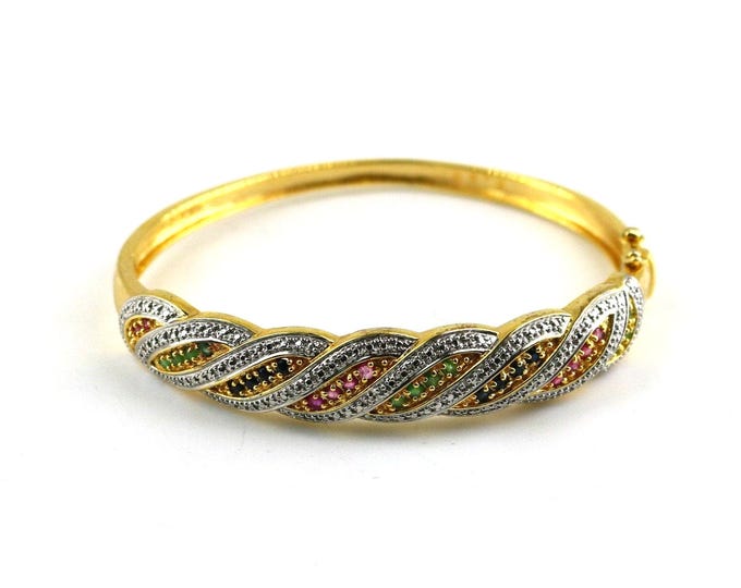 Vintage Oval Multi Color Crystals CZ Gold Plated Two Tone Braided Design Bangle Bracelet 925 Sterling Silver BR 2786H