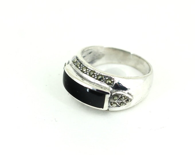 Vintage Size 9 Black Onyx Crystal Marcasite Stones Stylish Design Ring 925 Sterling Silver RG 4491