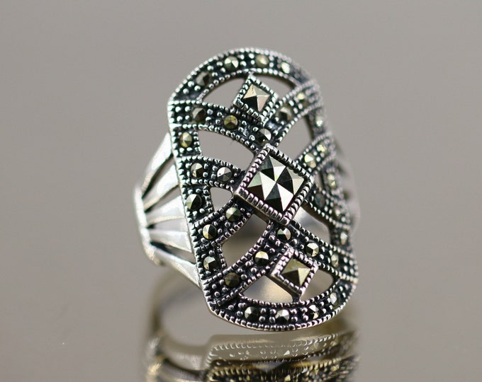 Vintage Size 7 Sparkling Marcasite Rhombus Open Statement Design Ring  Sterling 925 Silver  RG 2123