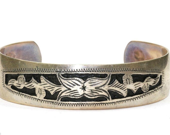 Vintage Hecho En Floral Engraving Cutout Cuff Bracelet 925 Sterling Br 636(123720997194)