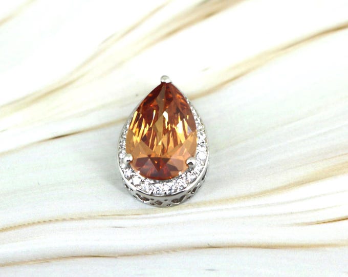 Vintage Amber Color Teardrop Shape Pendant 925 Sterling Silver PD 1175