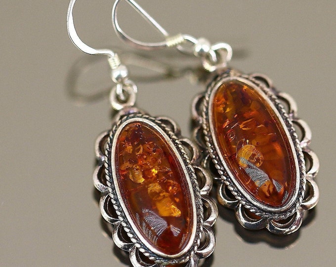 Vintage Antique Oval Natural Amber Design Drop Dangle Earrings Sterling Silver 925 ER 1617