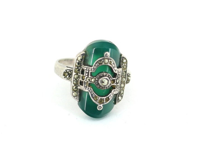 Vintage Art Deco Chrysoprase & Marcasite Statement  Ring 925 Sterling Silver  RG 4499