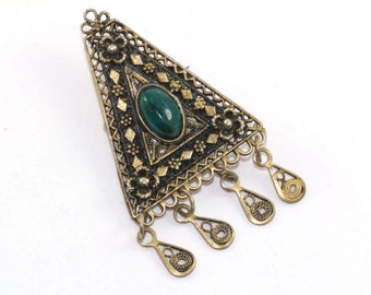 Vintage Israel Eilat Triangle Shape Scroll Design Malachite Pendant Pin/Brooch 925 Sterling BB 353