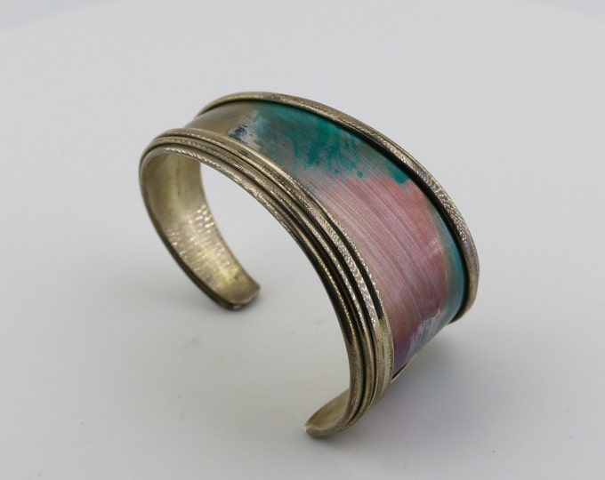Vintage Colorful Gradual Abstract Signed Katy Design Cuff Bracelet 925 Sterling Silver BR 3390Q