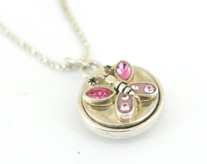 Vintage Italy Pink Handmade Butterfly Inlaid CZ Pendant Thin Box Chain Design Necklace 925 Sterling Silver NC 236