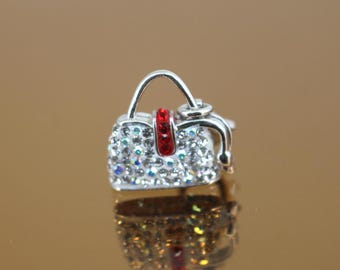 Vintage  Shiny Lady Purse Bag CZ Crystals Clip On Charm Pendant 925 Sterling Silver PD 2181