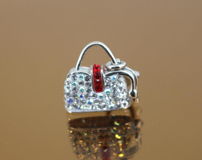 Vintage  Shiny Lady Purse Bag CZ Crystals Clip On Charm Pendant 925 Sterling Silver PD 2181