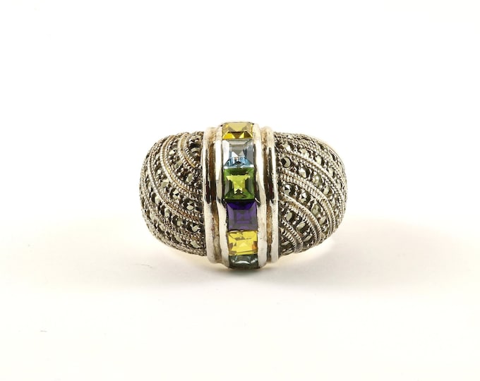 Vintage Size 8.5 Multi Color Crystals Marcasite Dome Ring 925 Sterling Silver RG 651