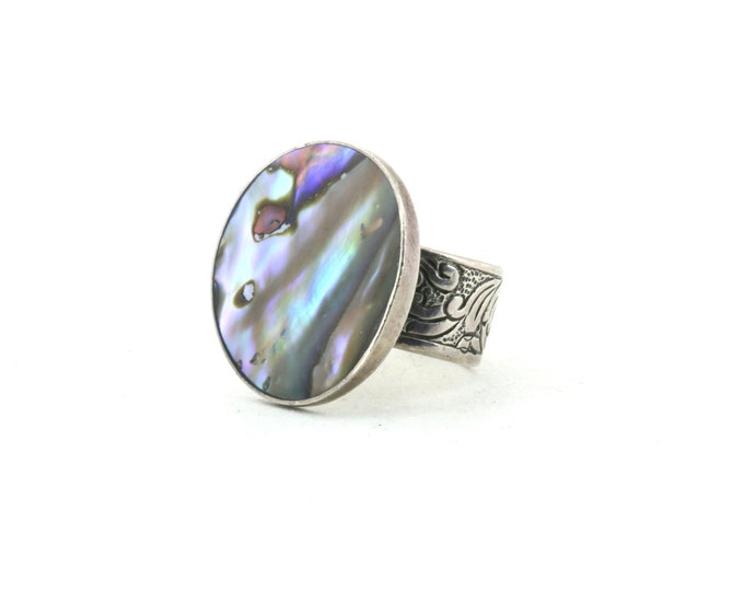 Vintage Size 6 Silver Round Design Abalone Ring 925 Sterling Silver RG 4459