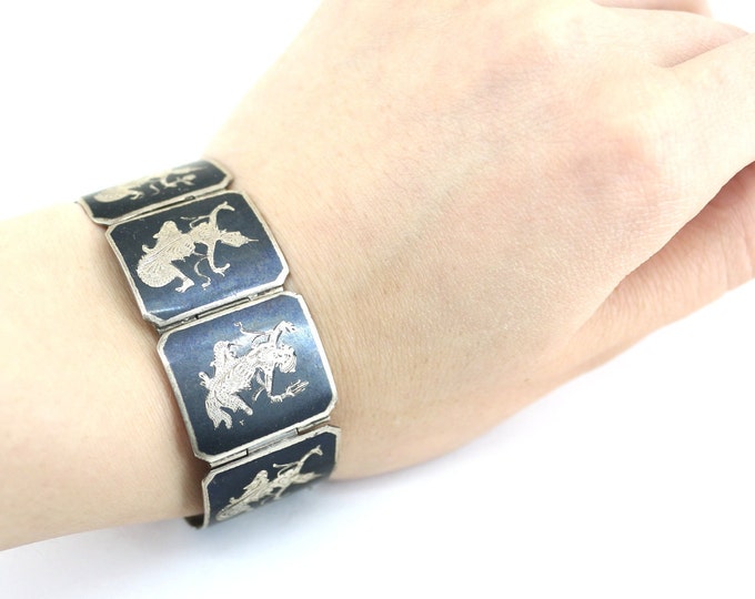 Vintage Siam Nielloware Enamel Panel Design Link Bracelet 925 Sterling BR 917
