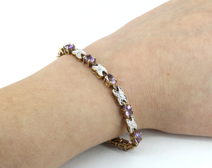 7 In XO Sparkling Lavender Crystals CZ Two Tone Gold Plated Tennis Link Design Bracelet 925 Sterling BR 1787