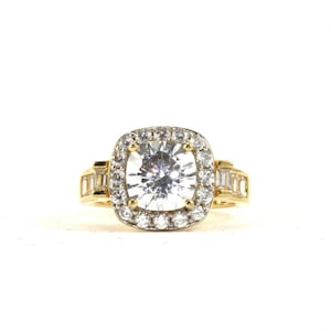 Vintage Size 9 Sparkling Round Crystal CZ Inlay 14k Gold Plated Ring 925 Sterling Silver RG 2387